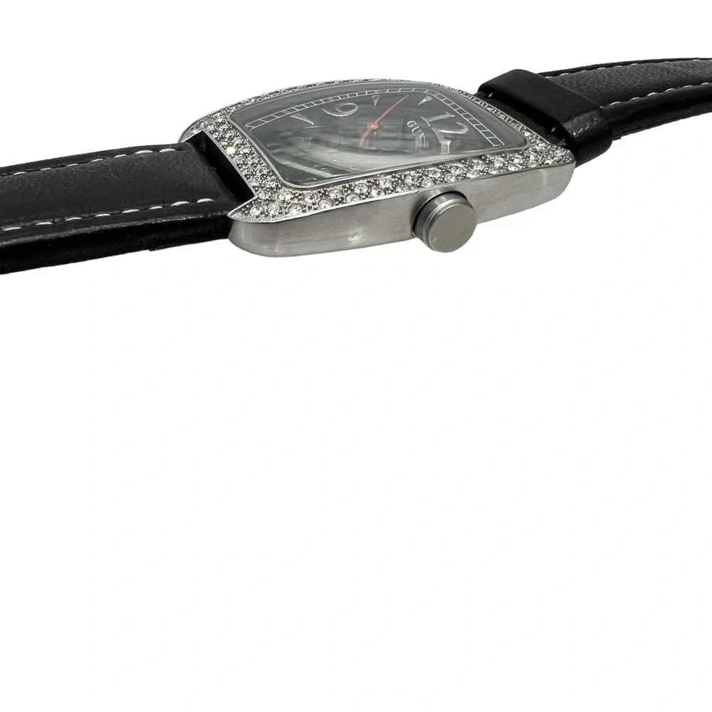 GUESS BLACK TANK WATCH w RECTANGLE FACE & PAVE CRYSTAL BEZEL & LEATHER STRAP